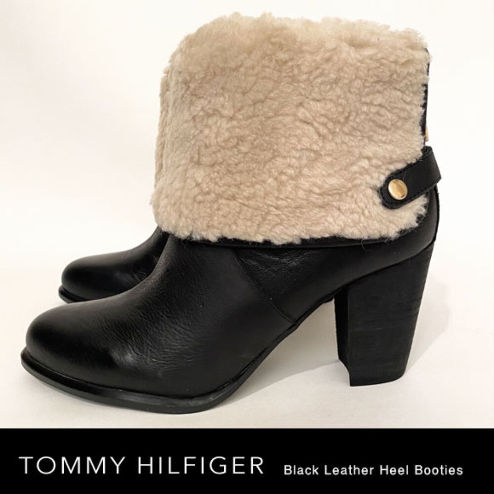 Tommy Hilfiger Black Leather Booties With Faux Fur Size 7.5